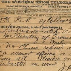 Telegram from Collector J. P. Jackson to the Secretary of the Treasury Regarding Refusing to Admit any Chinese at San Francisco, California