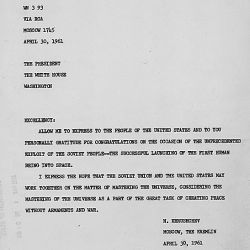Telegram, Khrushchev to Kennedy re: Yuri Gagarin April 30, 1961