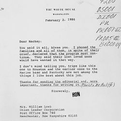 February 2, 1986 Letter from Ronald Regan to Mrs. William Loeb, Regarding the Space Shuttle Challenger Accident