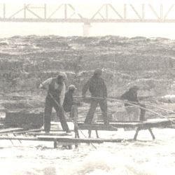 Wide-View of Fishermen at Celilo Falls and the Celilo Bridge