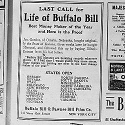 Advertisement for "Life of Buffalo Bill" and certification of publication.