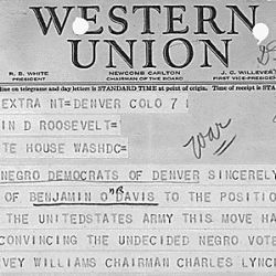 Telegram from Harvey Williams and Charles Lynch of Denver, Colorado, Chairman and Campaign Manager, respectively, of the Young Negro Democrats of Denver, to Franklin D. Roosevelt