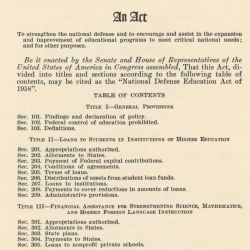 Act of September 2, 1958 (National Defense and Educational Act of 1958), Public Law 85-864, 72 STAT 1580, to strenghten the national defense and to assist in the expansion and improvement of education