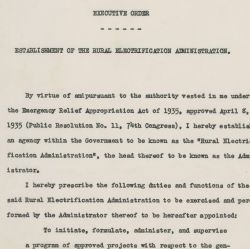 Executive Order 7037 dated May 11, 1935 in which President Franklin D. Roosevelt establishes the Rural Electrification Agency