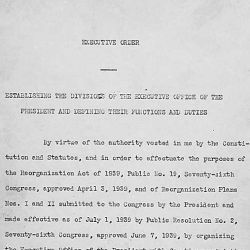 Executive Order 8248 dated September 9, 1939, in which President Franklin D. Roosevelt establishes the divisions of the Executive Office of the President and defines their functions and duties.