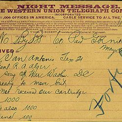Telegram from Leonard Wood to the Secretary of War requesting equipment