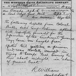 Telegram from Colonel Bradley to Lt. General Sheridan reporting the arrest and death of Crazy Horse.