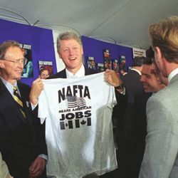 Photograph of President William J. Clinton Participating in a North American Free Trade Agreement (NAFTA) Products Event on the South Lawn