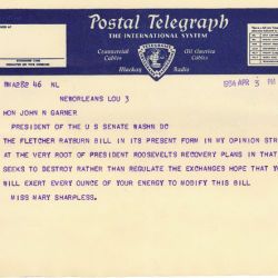 Telegram from Mary Sharpless Opposing the Securities Exchange Act of 1934