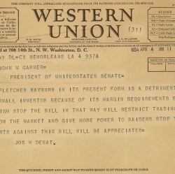 Telegram from Joseph H. Debat Opposing the Securities Exchange Act of 1934