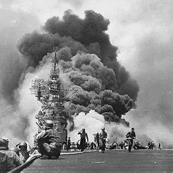 USS BUNKER HILL hit by two Kamikazes in 30 seconds on 11 May 1945 off Kyushu. Dead-372. Wounded-264