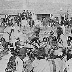 Shoshone Indians at Ft. Washakie, Wyoming Indian reservation .. . Chief Washakie (at left) extends his right arm