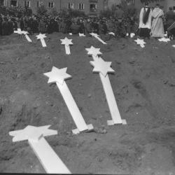 These markers are for the graves of 80 victims of the Nazis found in Ludwigslust. The entire population of Schwerin, Germany, was ordered by the Military Government to attend funeral rites conducted b