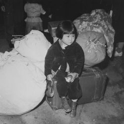 A young evacuee of Japanese ancestry waits with the family baggage before leaving by bus for an assembly center in the spring of 1942.