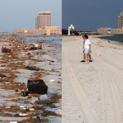 [Hurricane Katrina] Biloxi, Miss., September 3, 2005 and August 8, 2006 -- Before (left) and after the process of cleaning up Biloxi beach. Over 33,000 cubic yards of debris was left on Harrison Count