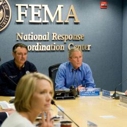 [Hurricane Gustav] Washington, DC, August 31, 2008 -- President George W. Bush joins FEMA Administrator David Paulison and FEMA Deputy Administrator Harvey Johnson and other FEMA staff for a Video Tel