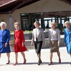 First Ladies Barbara Bush, Nancy Reagan, Rosalynn Carter, Betty Ford, Pat Nixon, and Lady Bird Johnson at the Dedication of the Ronald Reagan Presidential Library