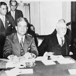 Ferdinand Pecora, Chairman Duncan Fletcher, and Witness J. P. Morgan, Jr. During a Break at the Senate Banking Committee Hearings