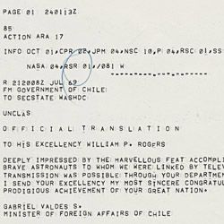 Telegram from Foreign Minister Gabriel S. Valdes of Chile to Secretary of State William P. Rogers