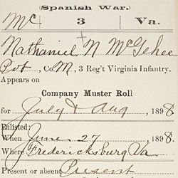 Carded Record From Company Muster Roll for Nathaniel McGehee