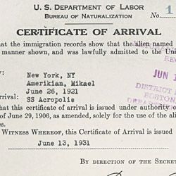 Certificate of Arrival of Mikael Amerikian