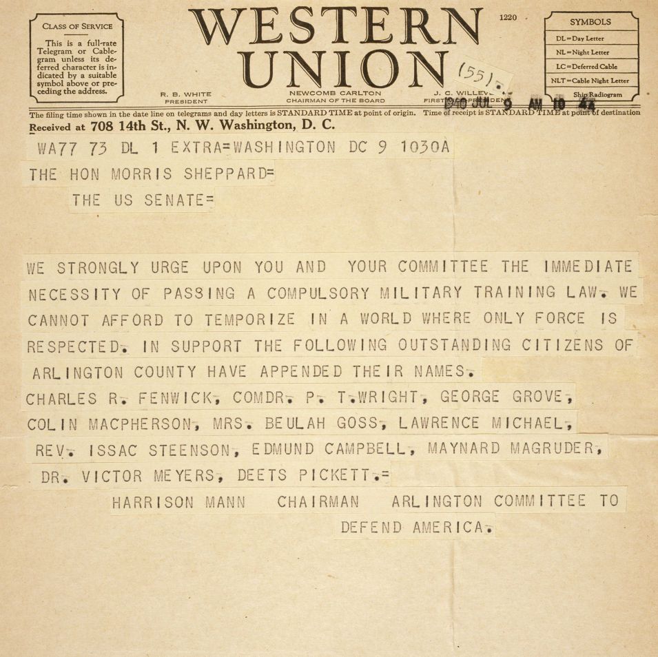 Western Union Telegram from the Arlington Committee to Defend America