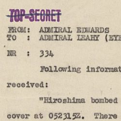 Telegram from Admiral Richard Edwards to Admiral William Leahy Regarding the Hiroshima Bomb