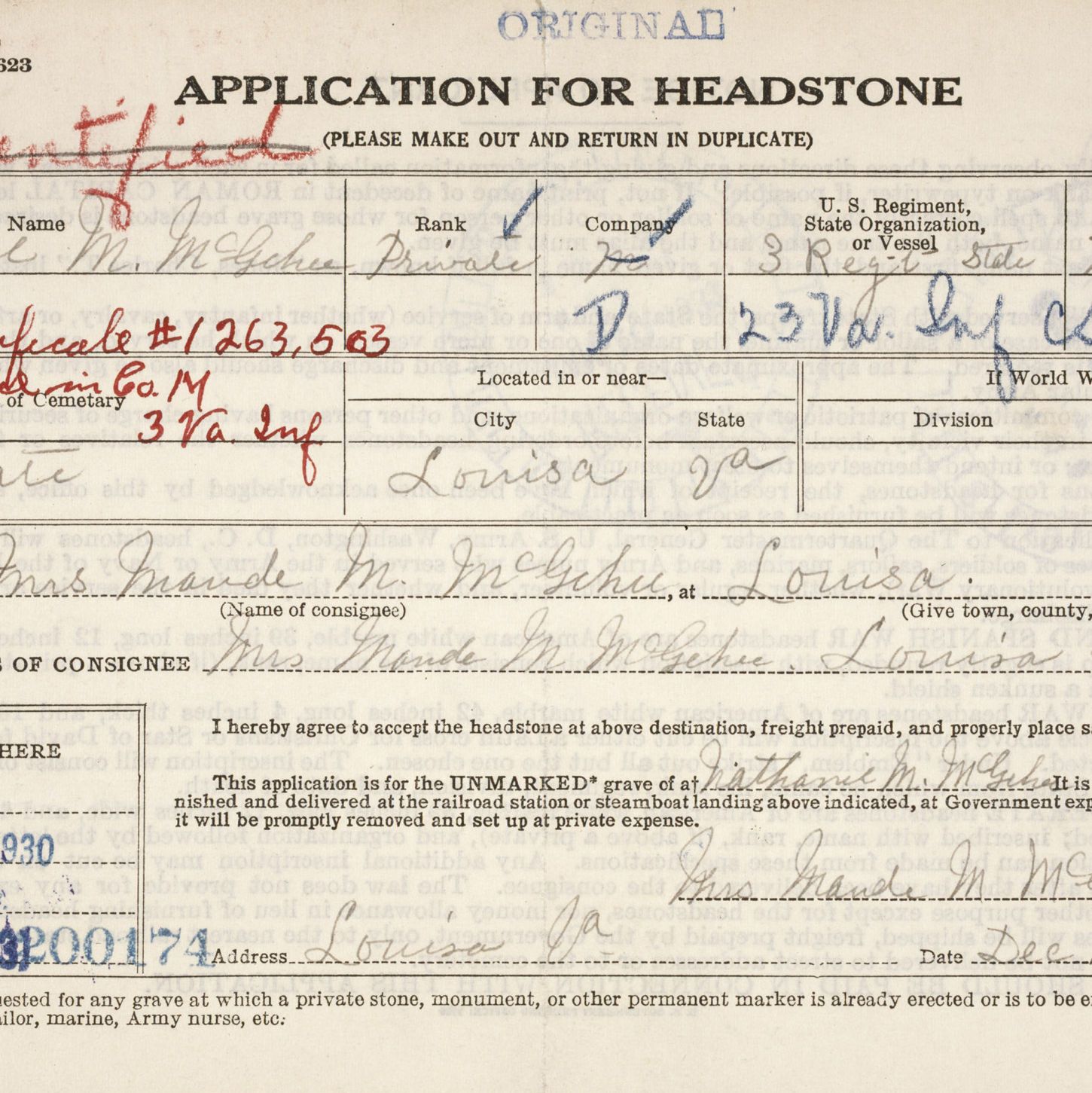 Application for Headstone for Nathaniel M. McGehee