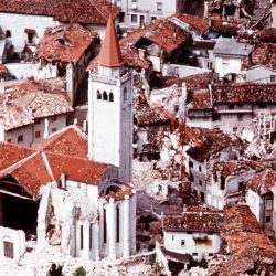 An aerial view of damage caused by a severe earthquake