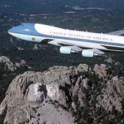 Air Force One flying over Mount Rushmore