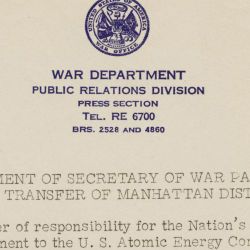 War Department Press Release Announcing the Transfer of the Atomic Energy Program to the U.S. Atomic Energy Commission