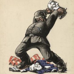 [German soldier standing on an American flag, smashing bust of George Washington and Abraham Lincoln]