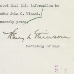  Letter from Secretary of War Henry L. Stimson to the Secretary of State Regarding John G. Winant, Jr.