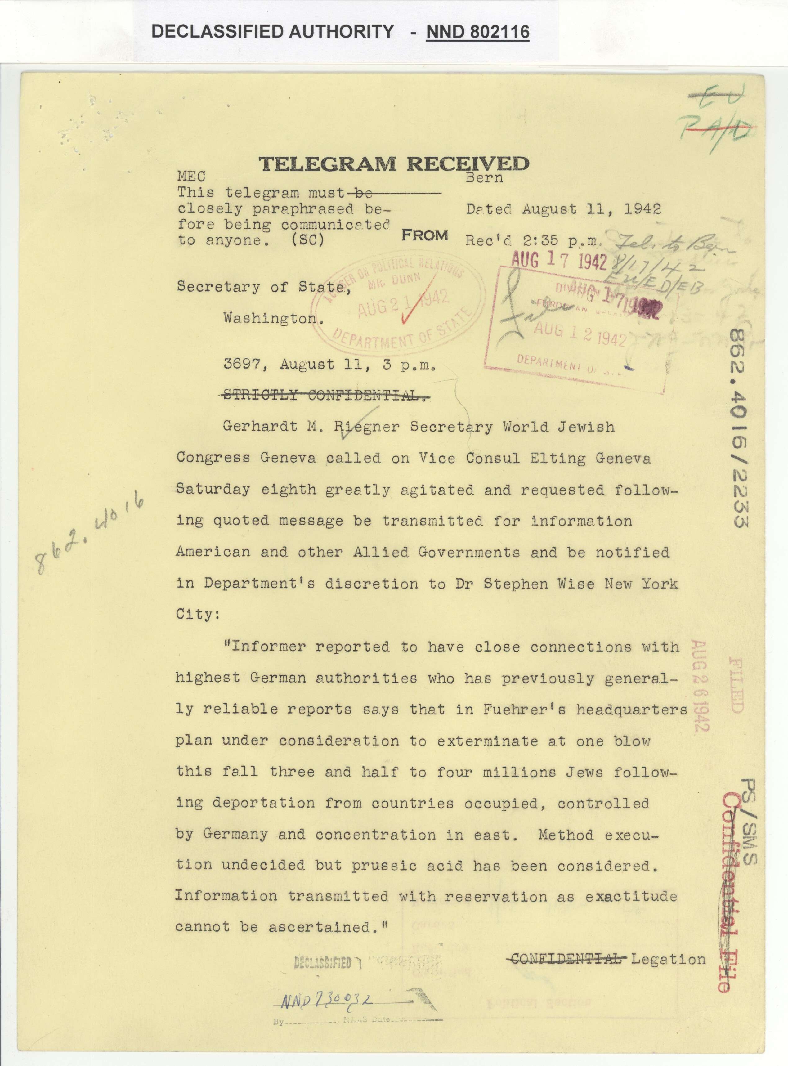 Telegram to Secretary of State from American Legation at Bern, Switzerland with Confidential Note