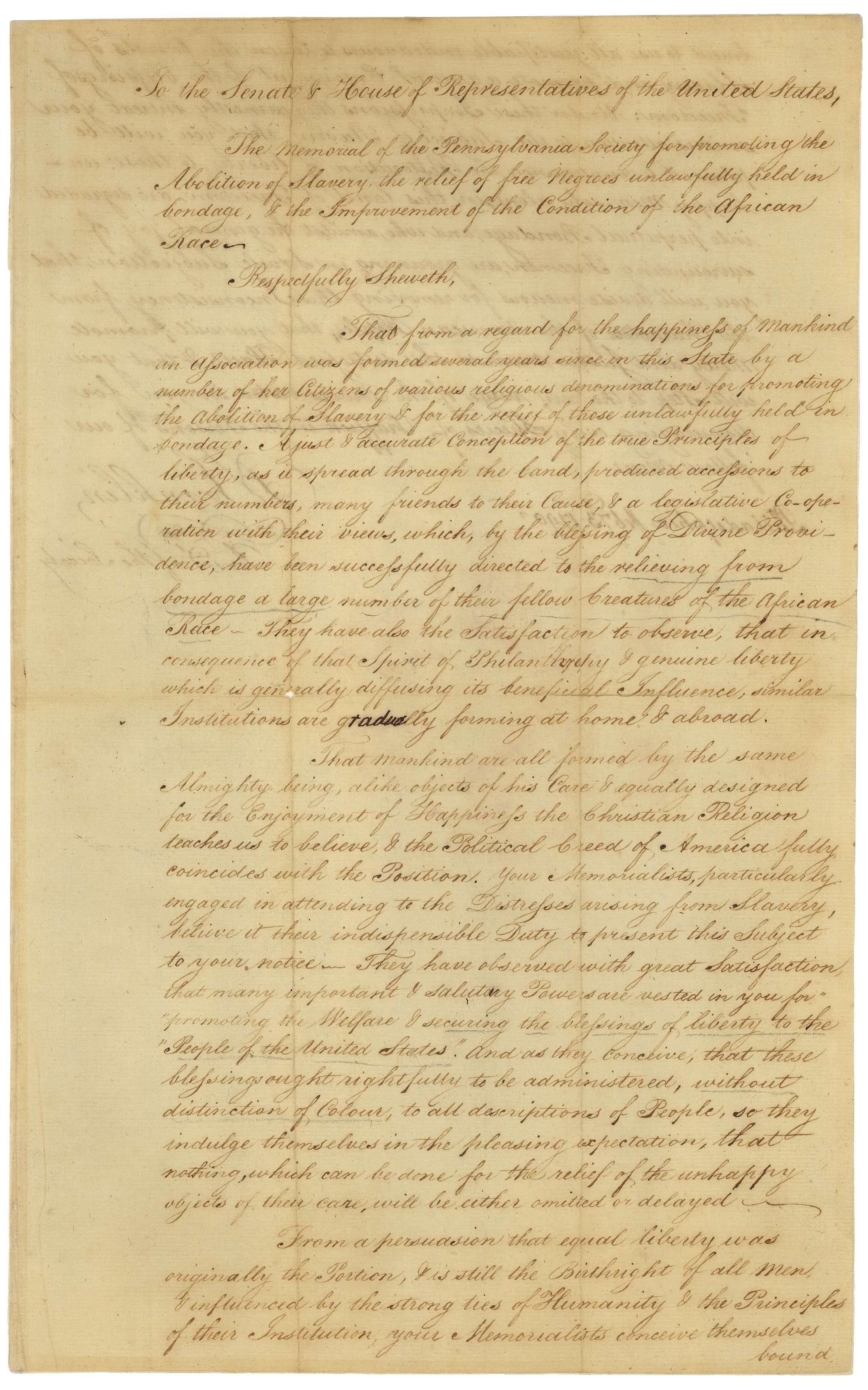 Letter from Benjamin Franklin to Vice President John Adams with Petition from the Pennsylvania Society for Promoting the Abolition of Slavery