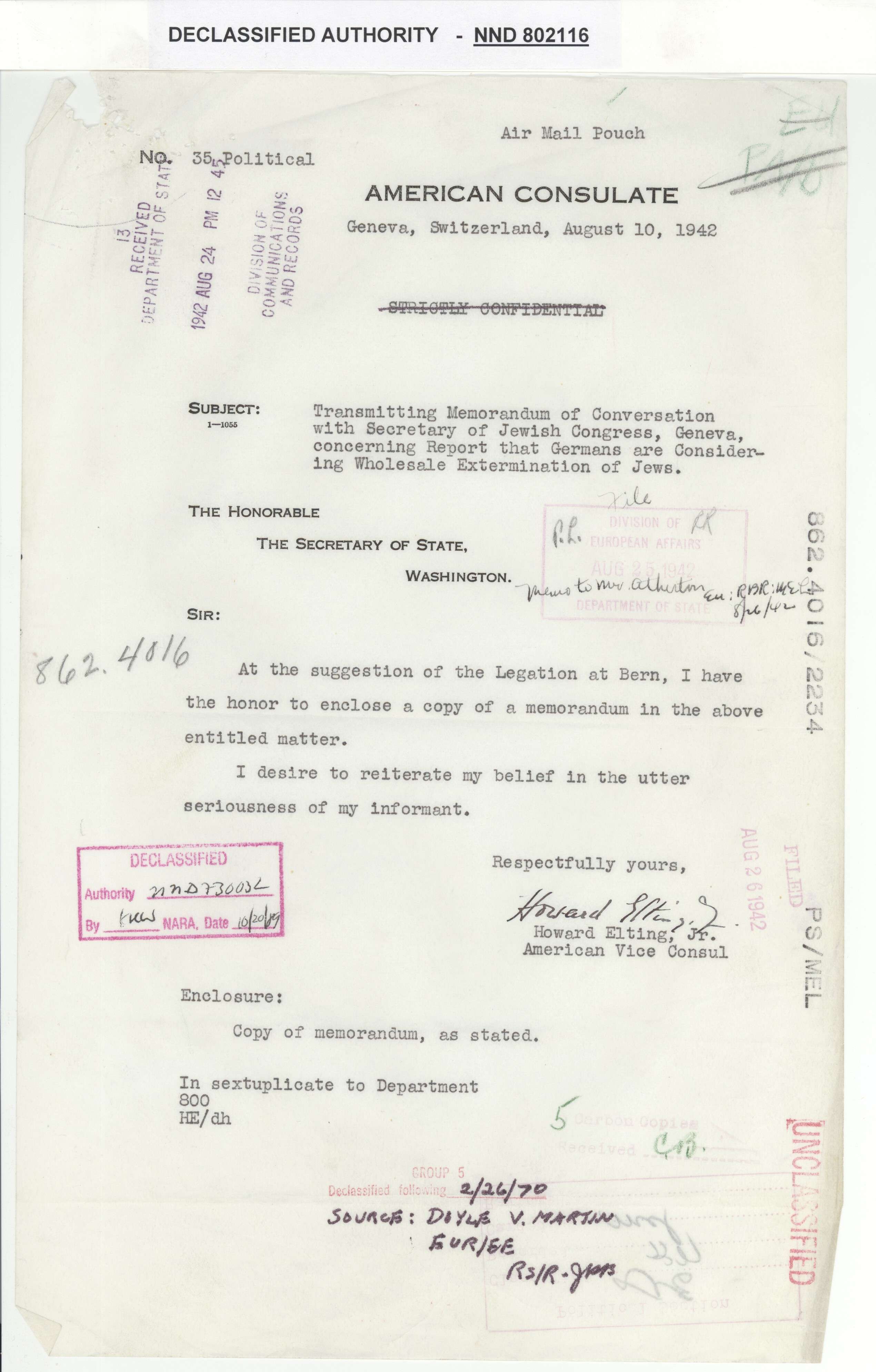 Correspondence from Howard Elting to Secretary of State related to the Holocaust