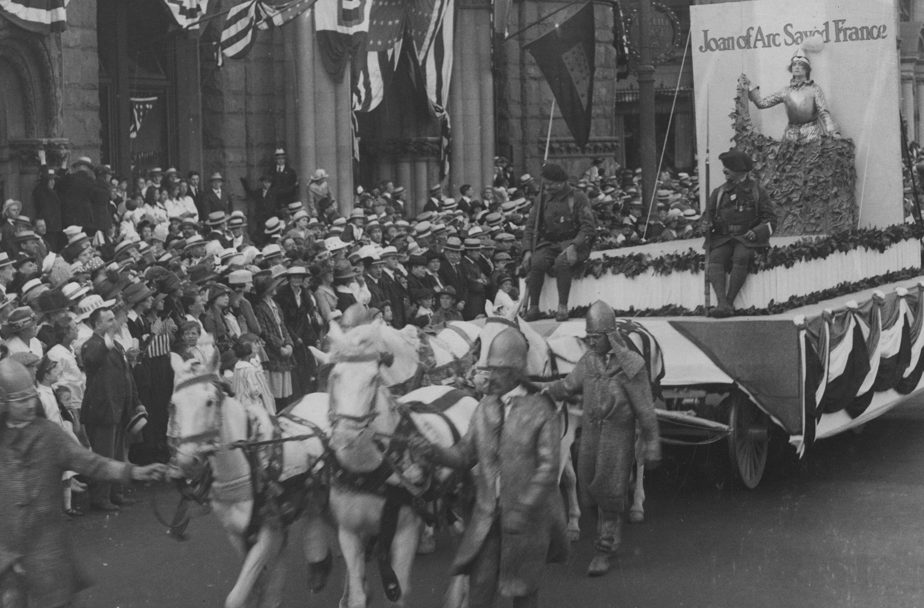 Parade to aid sale of war savings stamps. Joan of Arc float in War Thrift Stamp parade at Newark, N.J