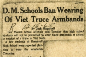 Newspaper Article "D.M. Schools Ban Wearing of Viet Truce Armbands"