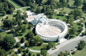 An aerial view of the Tomb of the Unknowns and Amphitheater at the Arlington National Cemetery