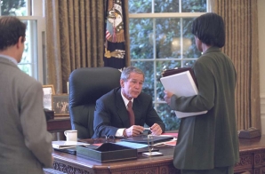 President Bush Meets with National Security Advisor Condoleezza Rice in the Oval Office