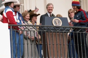 Jimmy Carter and Rosalynn Carter on the Truman Balcony for reception for U.S. Winter Olympic Team