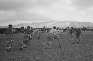 Heart Mountain Relocation Center, Heart Mountain, Wyoming. Football game between All Stars and Jack Rabbits