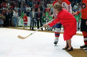 Nancy Reagan Slapping a Hockey Puck While Attending "Just Say No" Night for National Hockey League 