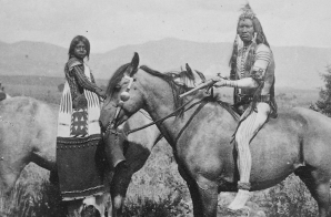 Uinta Ute warrior and his bride on horseback, northwest Utah