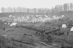 Infantry regiment in camp. [Probably 96th Pennsylvania Infantry at Camp Northumberland near Washington, DC, ca. 1861] Mathew Brady Collection. (Army)