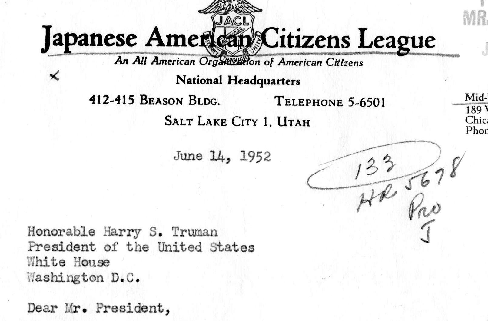 Letter from Abe Hagiwara to President Truman