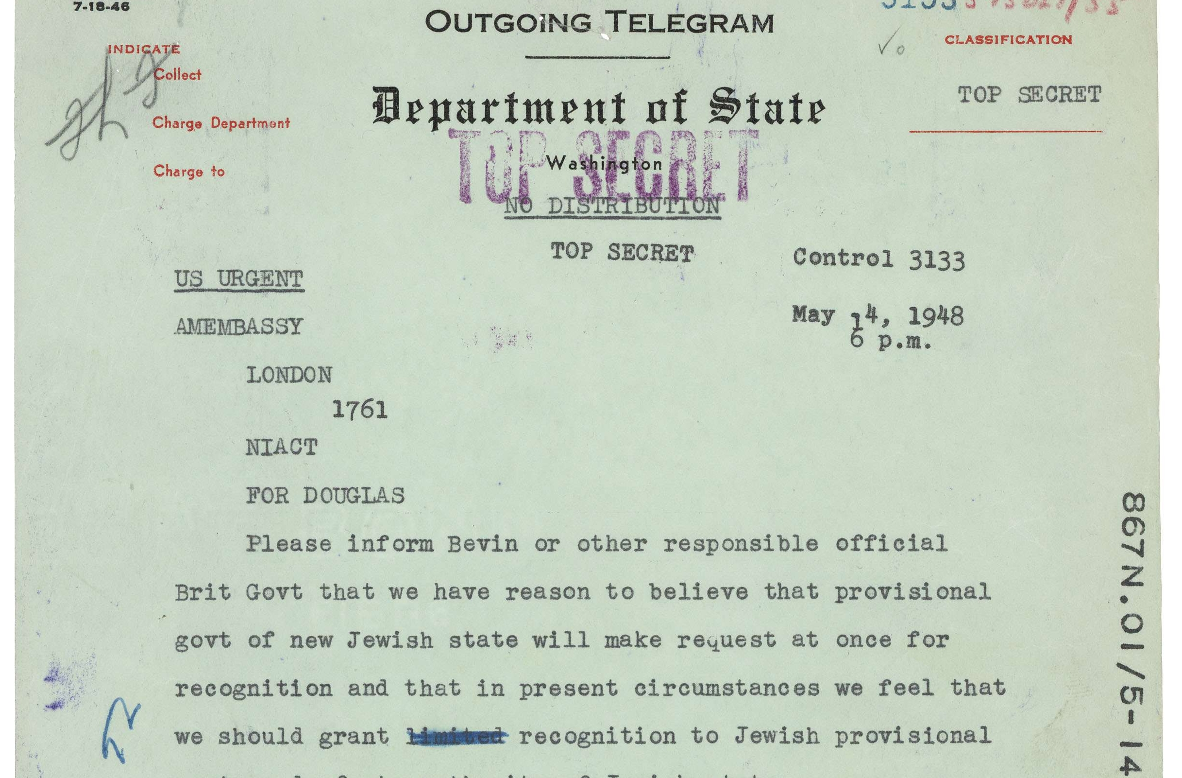 Telegram from Secretary of State Marshall Regarding Recognition of Israel