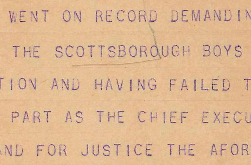 Telegram from Associated Industrial Workers Unemployed Division of Camden, NJ to President Roosevelt about Scottsboro Case