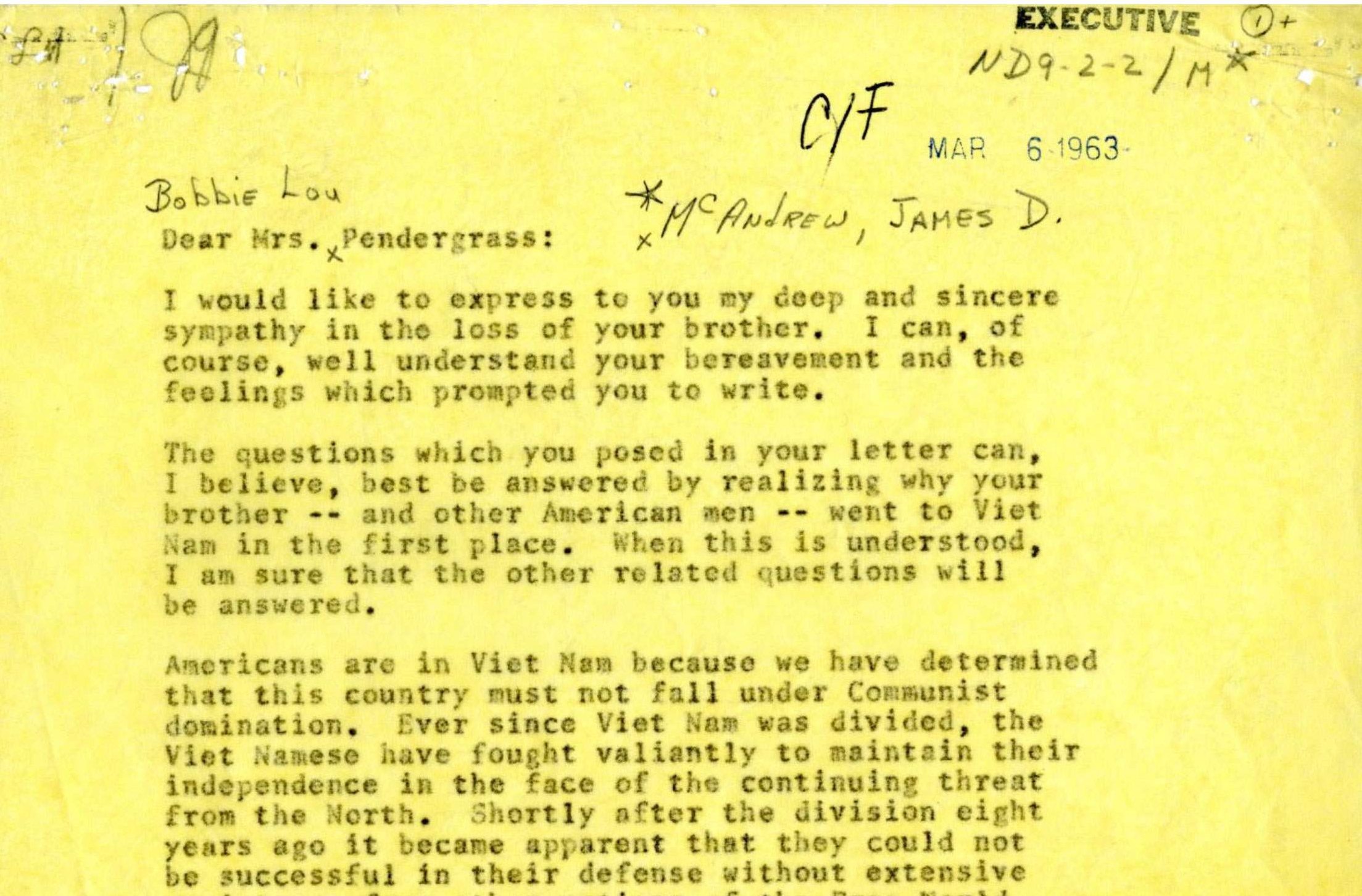 Letter from President Kennedy to Bobbie Lou Pendergrass