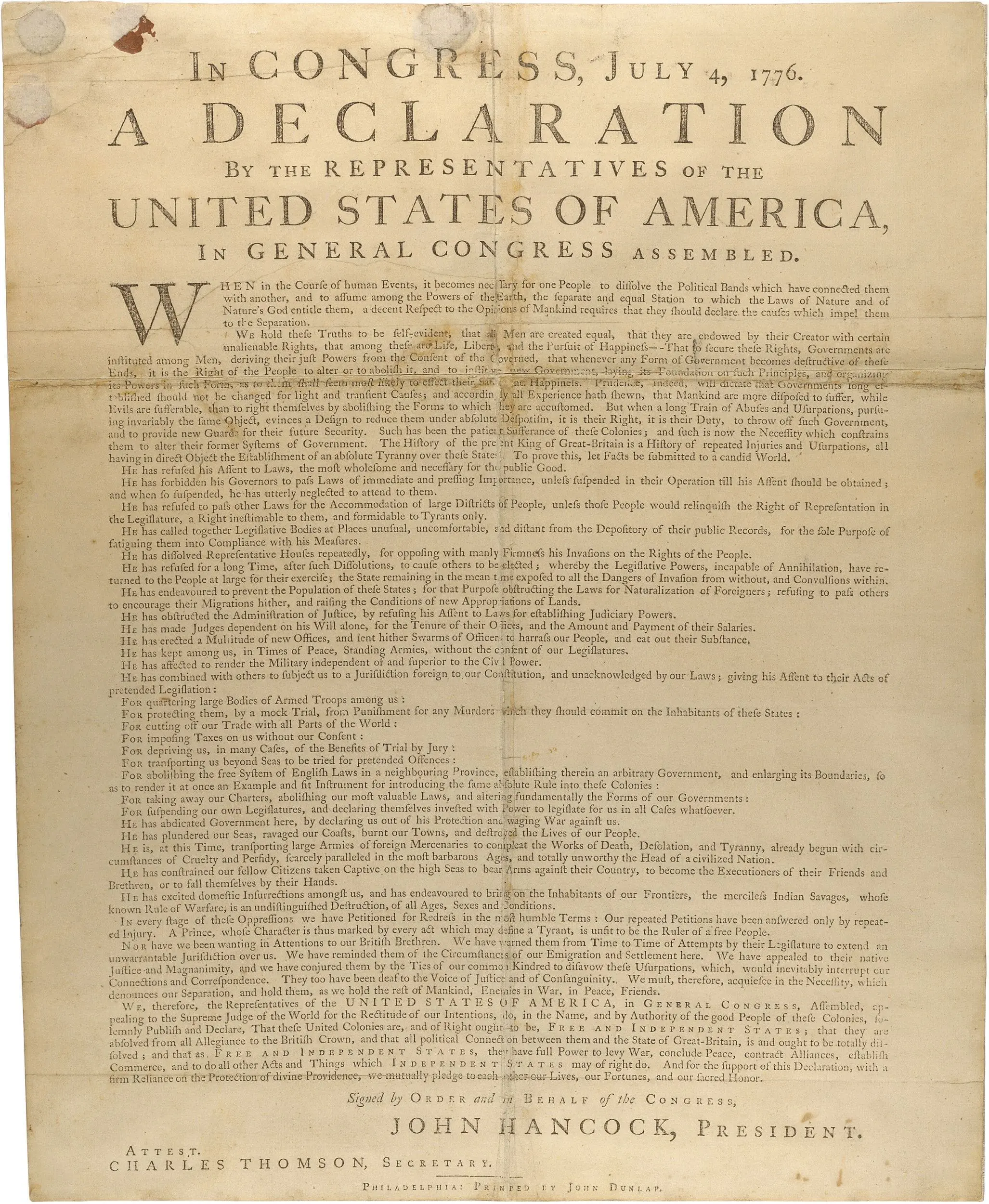 Dunlap Broadside [Declaration of Independence]
